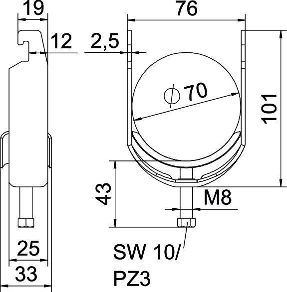 Technische tekening van een wiel met afmetingen: 70 mm diameter, 101 mm hoogte, 33 mm breedte. Aanduidingen: M8, SW 10/PZ3.