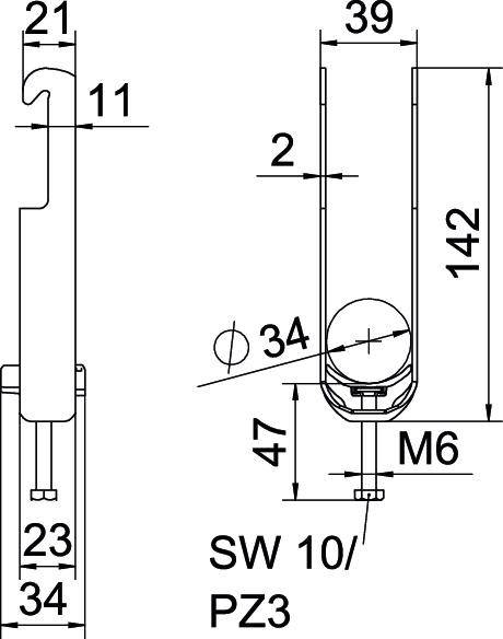 Technische tekening van een metalen beslag met afmetingen: 142 mm hoogte, 21 mm breedte, M6 schroefdraad, SW 10/PZ3. Zijaanzicht en vooraanzicht weergegeven.