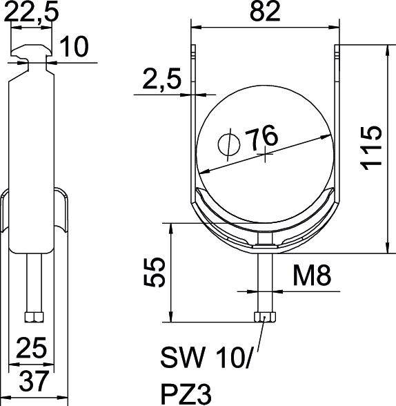 Technische tekening van een cilindrisch voorwerp met gedetailleerde maateenheden. Bevat specificaties met betrekking tot diameter en schroefdraad.