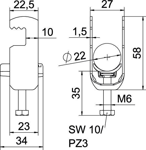 Technische tekening van een bevestigingsclip met afmetingen: hoogte 58 mm, breedte 34 mm, schroefgrootte M6, afmetingen en details aangegeven.