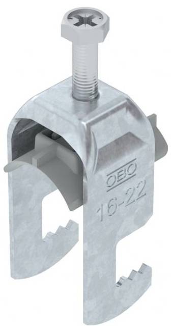 Metalen kabelklem gelabeld 'OBO 16-22', ontworpen voor het bevestigen van kabels, met een schroef voor het aanspannen en tanden voor grip.
