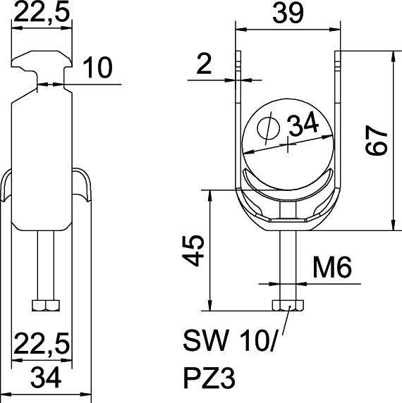 Technische tekening van een verbindingsstuk met afmetingen: Hoogte 67 mm, breedte 39 mm. Inclusief schroefdraad M6 en sleutelwijdte SW 10/PZ3.