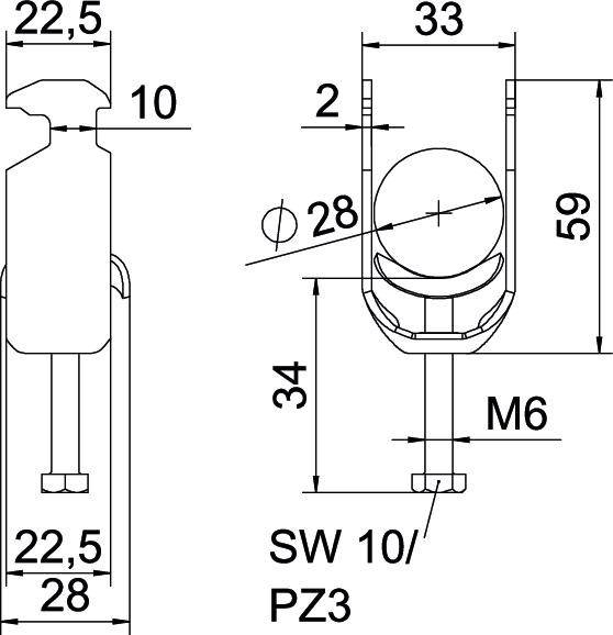 Technische tekening van een apparaat met afmetingen in millimeters: Breedte 22,5, Hoogte 59, Sleutelwijdte SW 10/PZ3, M6-schroef.