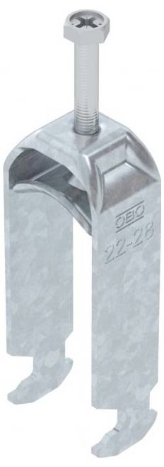 Een metalen klem met een schroef bovenop, gelabeld '22-28', ontworpen voor het bevestigen van kabels of buizen, die zijn open en verstelbare ontwerp toont.