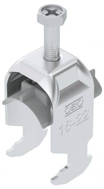 Metalen kabelklem gemerkt 'OBO 16-22', voorzien van een schroef- en beugel constructie, gebruikt voor het bevestigen van kabels of leidingen, geschikt voor diameters van 16-22 mm.