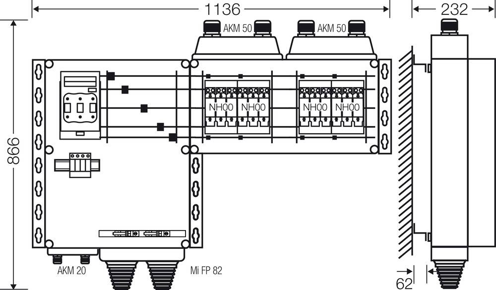 Technische tekening van een elektrische schakelkast met labels, afmetingen en componentenaanzicht voor installatiedoeleinden.