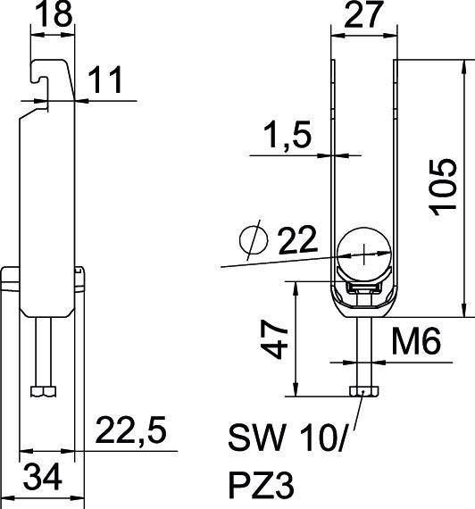 Technische tekening van een metalen beslag met afmetingen: hoogte 105 mm, breedte 27 mm, bevestigingsgaten M6, sleutelwijdte SW 10/PZ3.