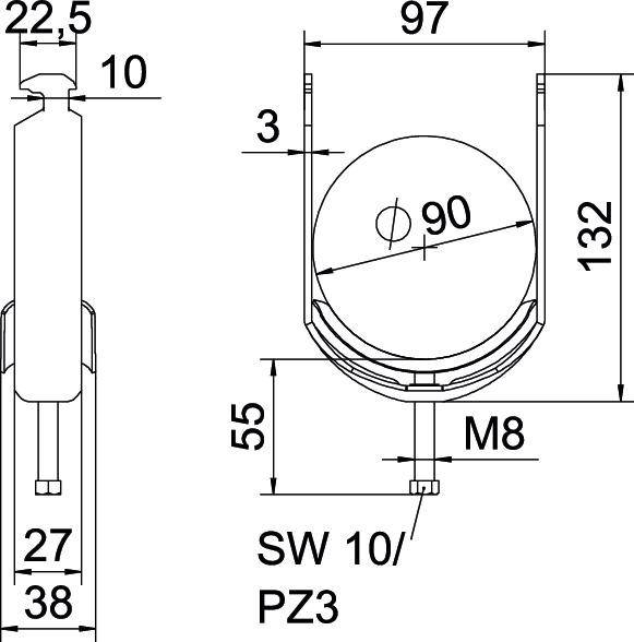 Technische tekening van een cilindrisch onderdeel met afmetingen: diameter 90 mm, hoogte 132 mm, schroef M8, SW 10/PZ3.