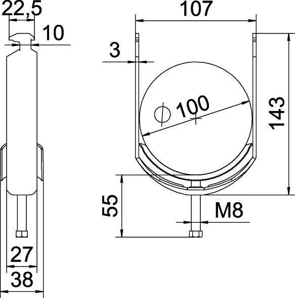 Technische tekening van een rond onderdeel met afmetingen: diameter 100 mm, totale hoogte 143 mm, bevestigingsgat M8.