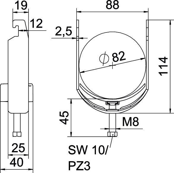 Technische tekening van een rond object met afmetingen in millimeters: diameter 82, totale breedte 88, hoogte 114, diepte 40.