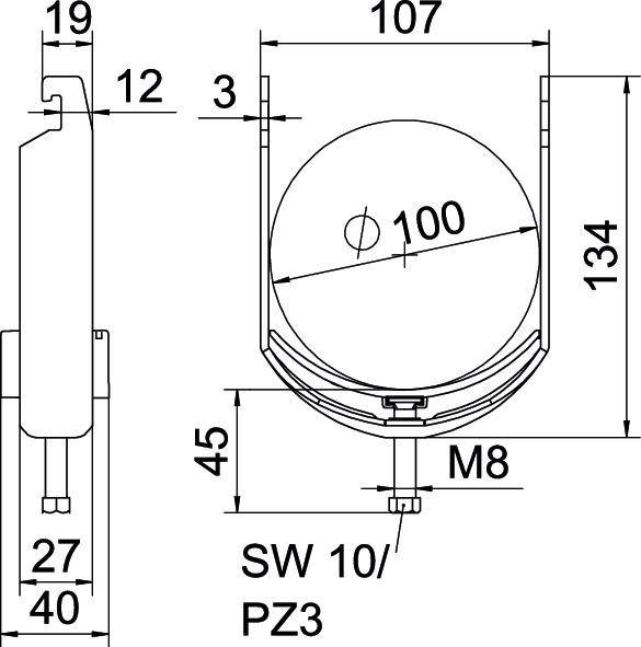 Technische tekening van een rond object met afmetingen in millimeters: diameter 100, hoogte 134. Bevat een M8-schroef en de aanduiding 'SW 10/PZ3'.