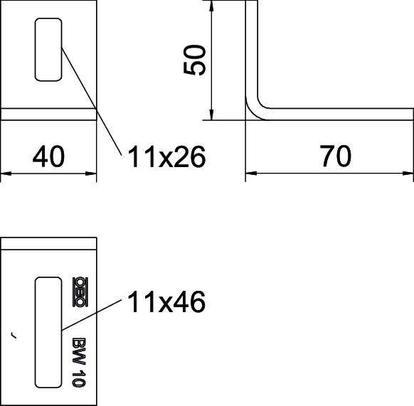 Technische tekening van een metalen beugel met afmetingen: 40x50 mm L-profiel, 70 mm been, gat 11x26 mm, andere zijde met gat 11x46 mm.