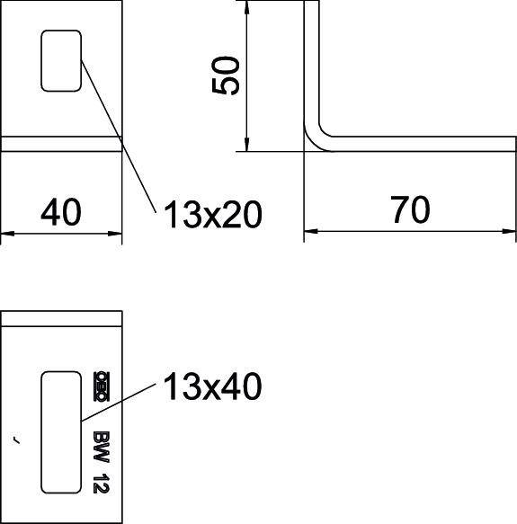 Technische tekening van een L-vormige metalen hoek met afmetingen: lengte 70 mm, hoogte 50 mm, breedtes: 40 mm en 13 mm x 20 mm.