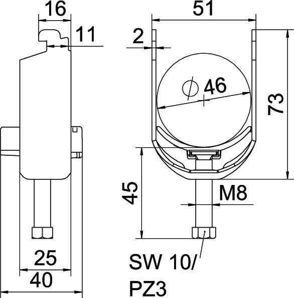 Technische tekening van een beslag met afmetingen: 73 mm hoogte, 51 mm breedte, 46 mm boring, M8 schroef, SW 10/PZ3 sleutel.