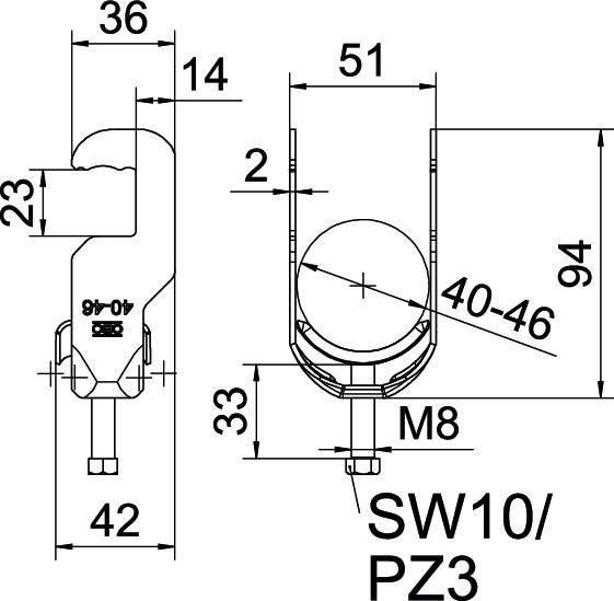 Technische tekening van een schroefonderdeel met afmetingen in millimeters. Toont details voor montage, inclusief zij- en vooraanzicht met aanduidingen.