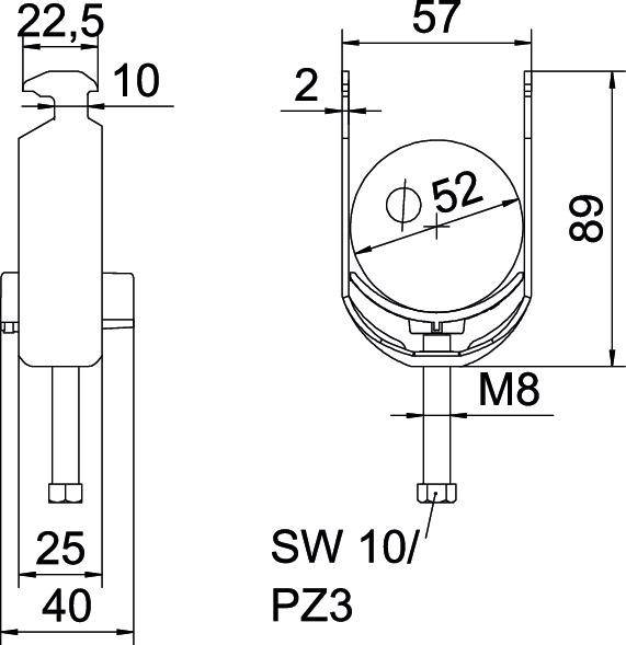 Technische tekening van een bevestigingselement met afmetingen in millimeters. Belangrijkste kenmerken: M8 schroef, SW 10/PZ3, diameter 52 mm.