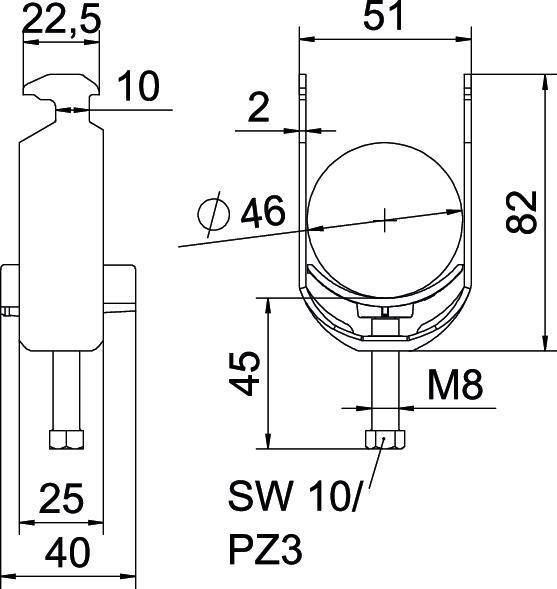 Technische tekening van een rollager met afmetingen: Hoogte 82, Breedte 51 en sleutelwijdte 10/PZ3, M8 schroefdraad.