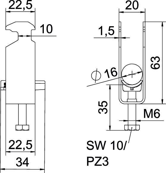 Technische tekening van een onderdeel met afmetingen: 22,5x34 mm aan de voorzijde, 63 mm hoogte. Schroef M6, sleutelwijdte SW10/PZ3.