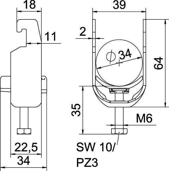 Technische tekening van een onderdeel met afmetingen. Linkerkant toont zijaanzicht doorsnede, rechterkant bovenaanzicht. Maten weergegeven in mm.
