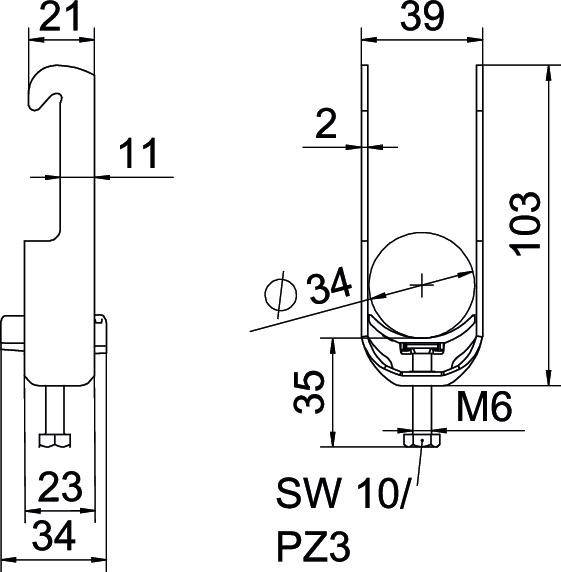 Technische tekening van een haaksluitingssysteem met afmetingen in millimeters: hoogte 103, breedte 39, verschillende componenten en maatspecificaties.