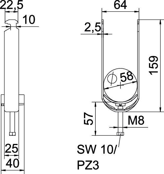 Technische tekening van een bout met afmetingen: Totale lengte 159, diameter 58, schroef M8. Zijaanzicht en bovenaanzicht.