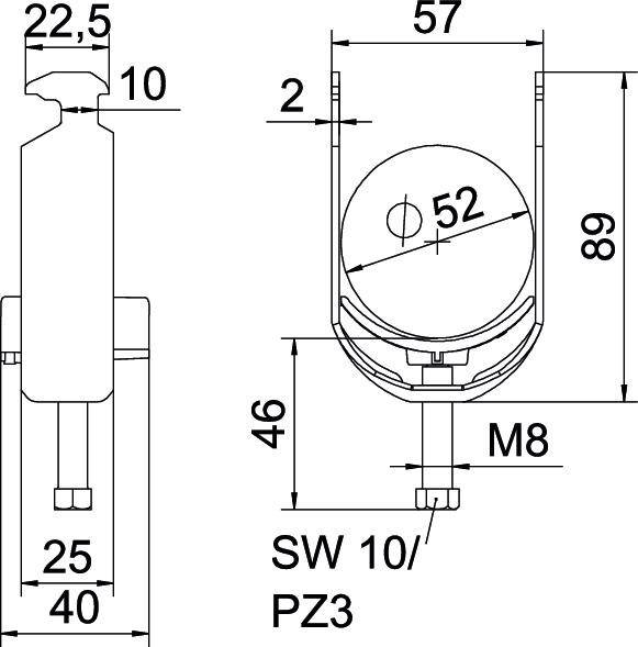 Technische tekening van een beslag met afmetingen: Totale lengte 89, breedte 57, geboorde gatdiameter 52, verbinding M8, overige maten aangegeven.