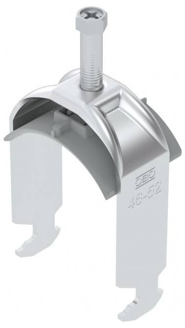 Een metalen pijpklem met een schroef voor bevestiging en twee verstelbare tanden, voorzien van het merklogo en de maat '46-52'.