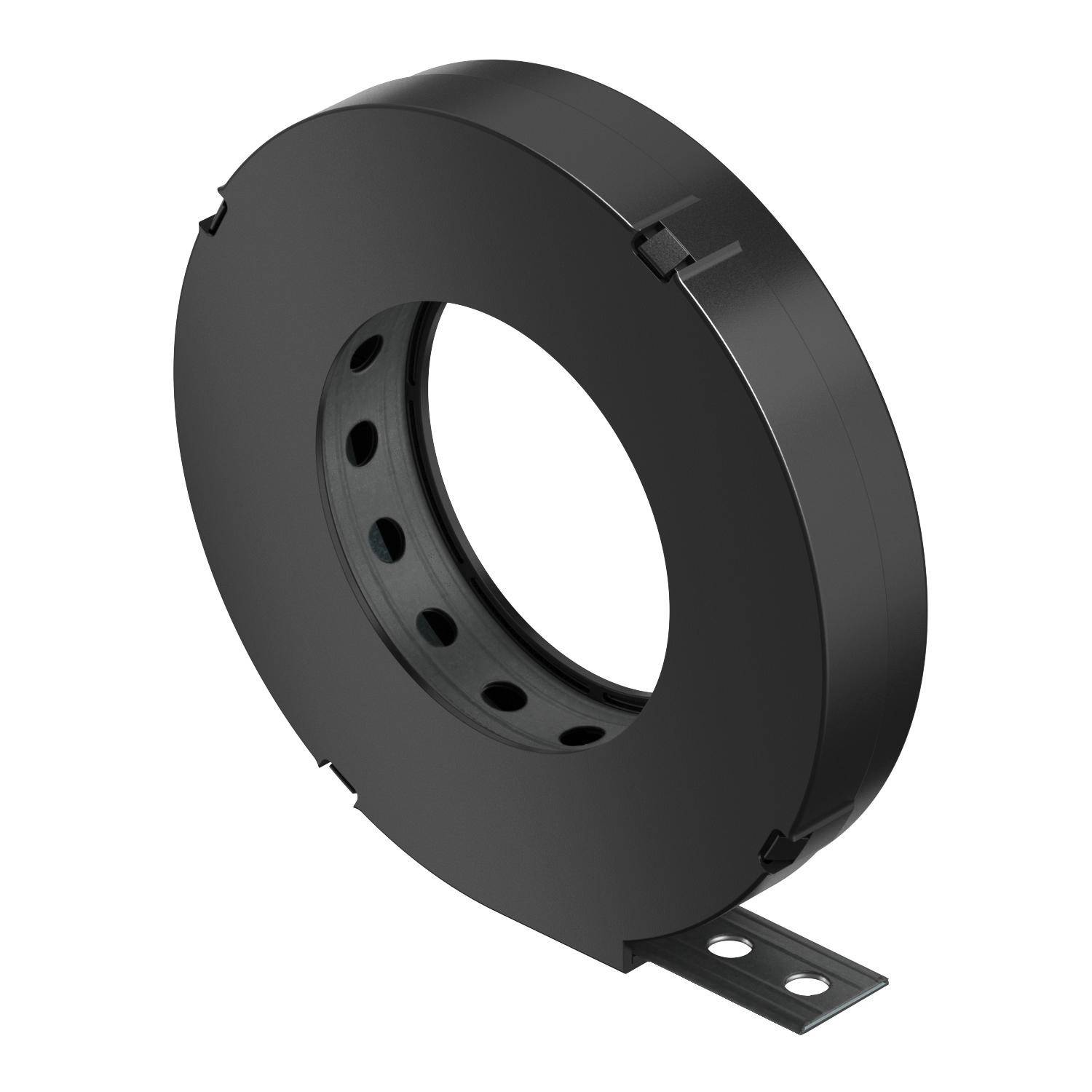 Een zwarte, ringvormige sensor met een direct doorgangsgat en een metalen bevestiging aan de onderkant.