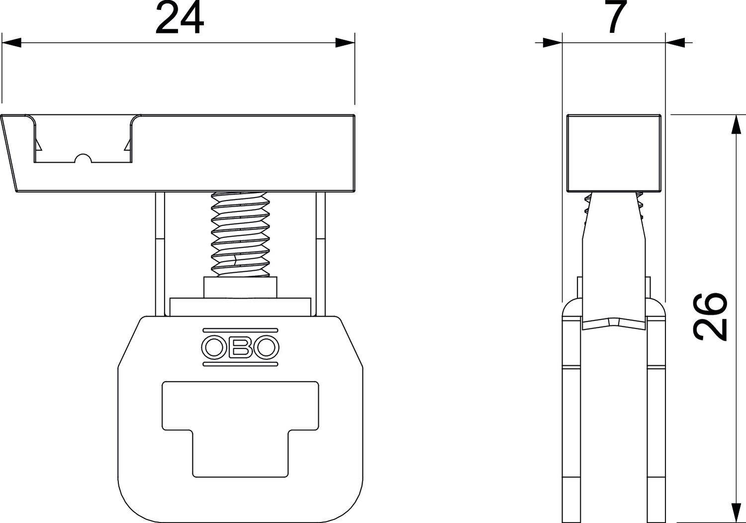 Tekening van een kabelhouder met afmetingen: breedte 24 mm, hoogte 26 mm, bovenste klem 7 mm. Schroef centraal geplaatst met veerondersteund mechanisme.