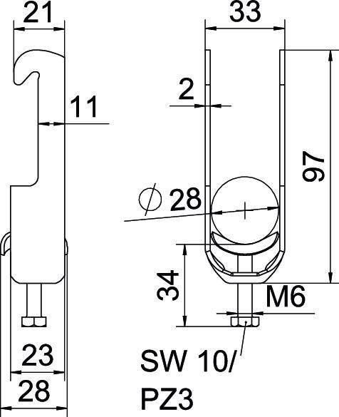Technische tekening van een metalen haak met afmetingen. Toont cijfers en maatvoeringen voor breedte, hoogte en schroefgrootte.