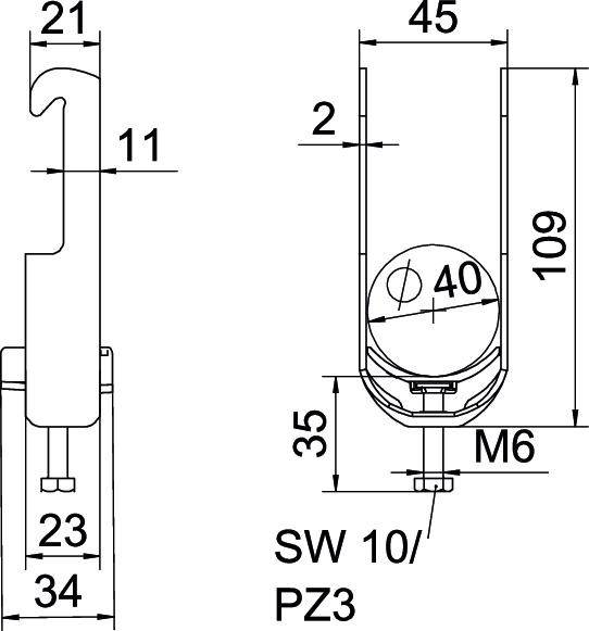 Technische tekening van een metalen haak met afmetingen in millimeters. Belangrijkste dimensies: hoogte 109, breedte 45, diepte 21. Schroefdetails: SW 10/PZ3.