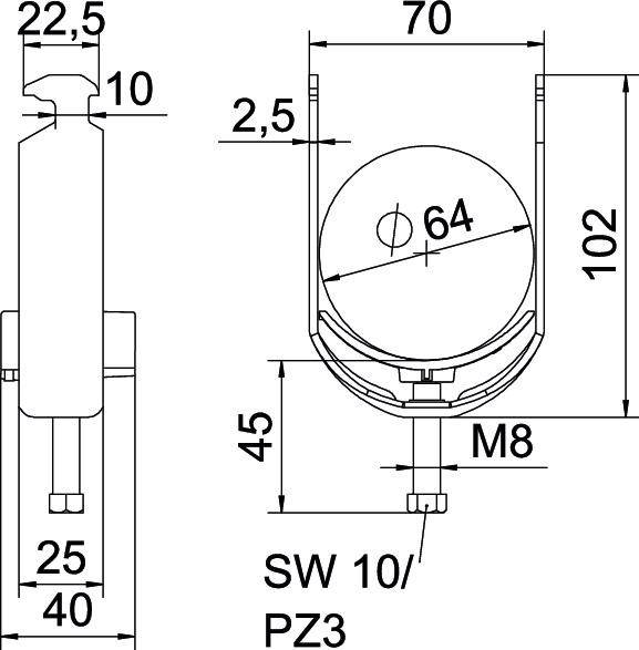 Technische tekening van een cilinderkopschroefkop. Afmetingen: hoogte 102 mm, breedte 70 mm, met schroefdraad M8 en sleutelwijdte 10/PZ3.