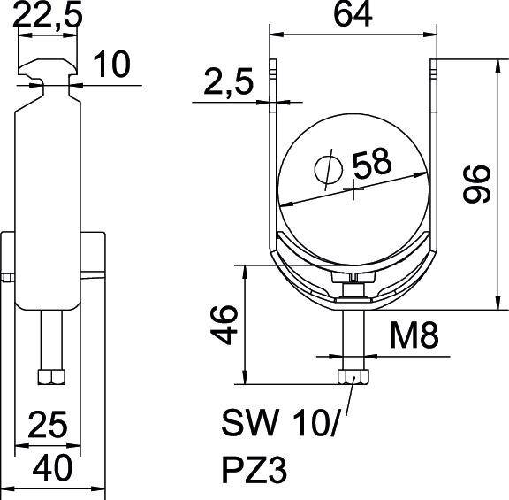 Technische tekening van een beslag met maten in millimeters: Hoogte 96, Breedte 64, Diepte 46, overige maten: 22,5, 10, 25, 40, 2,5, SW 10/PZ3, M8.