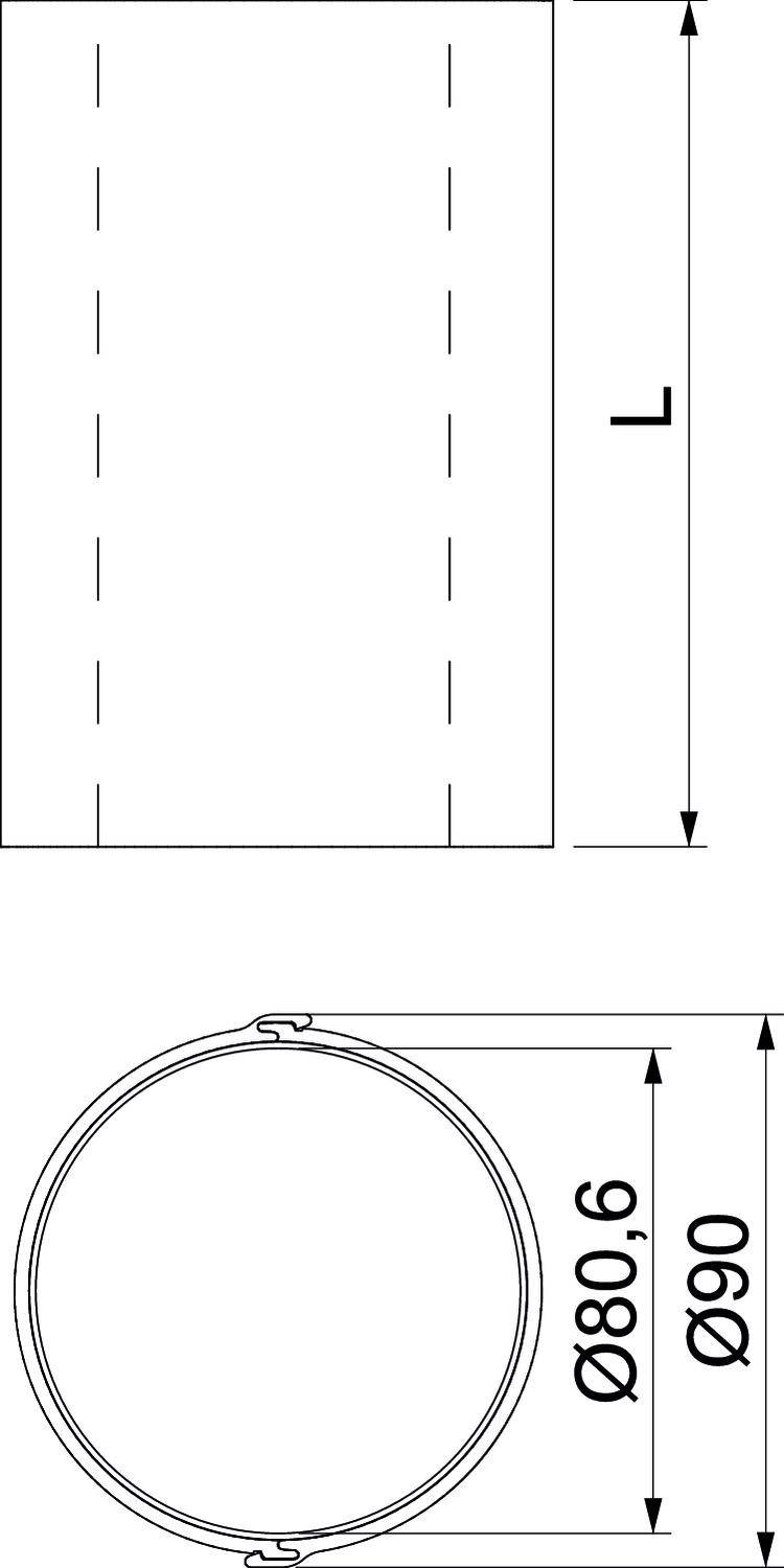 'Cilindertekening met lengte (L) en diameter (Ø). Buitendiameter Ø90, binnendiameter Ø80,6.'