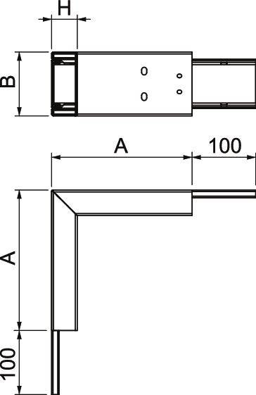 Technische tekening: L-vormig metalen profiel met zijden A en B. Schroefgaten bovenaan. Afmetingen A: lengte; B, H: breedten, 100 mm tussenruimte.