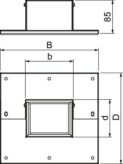 Technische tekening van een rechthoekig metalen onderdeel met de afmetingen B, b, D, d en 85. Bovenaanzicht en zijaanzicht weergegeven.