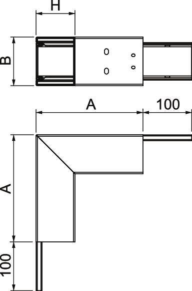 Tekening van een rechthoekige hoek met afmetingen A=100 mm en B=H. Toont zij- en bovenaanzicht van een metalen component.