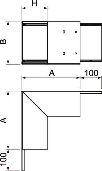 Constructietekening met twee aanzichten van een L-vormig metalen profiel. Afmetingen: breedte B, hoogte H, lengte A, en 100 mm kantslengte.
