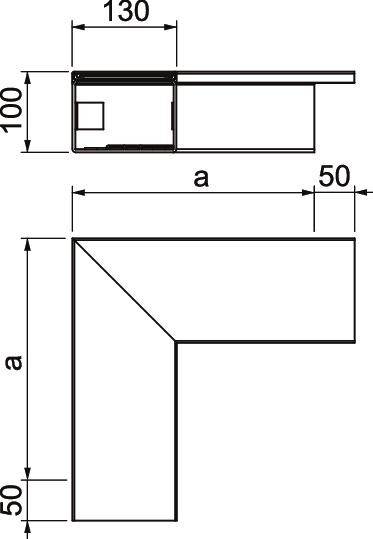 Technische tekening van een rechte hoek met afmetingen: zijlengte 'a', breedtes '50' mm, '100' mm en '130' mm.