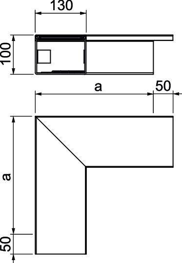 Technische tekening van een rechthoekig metalen profiel van 130 mm lengte en 100 mm hoogte, met 50 mm brede randen.