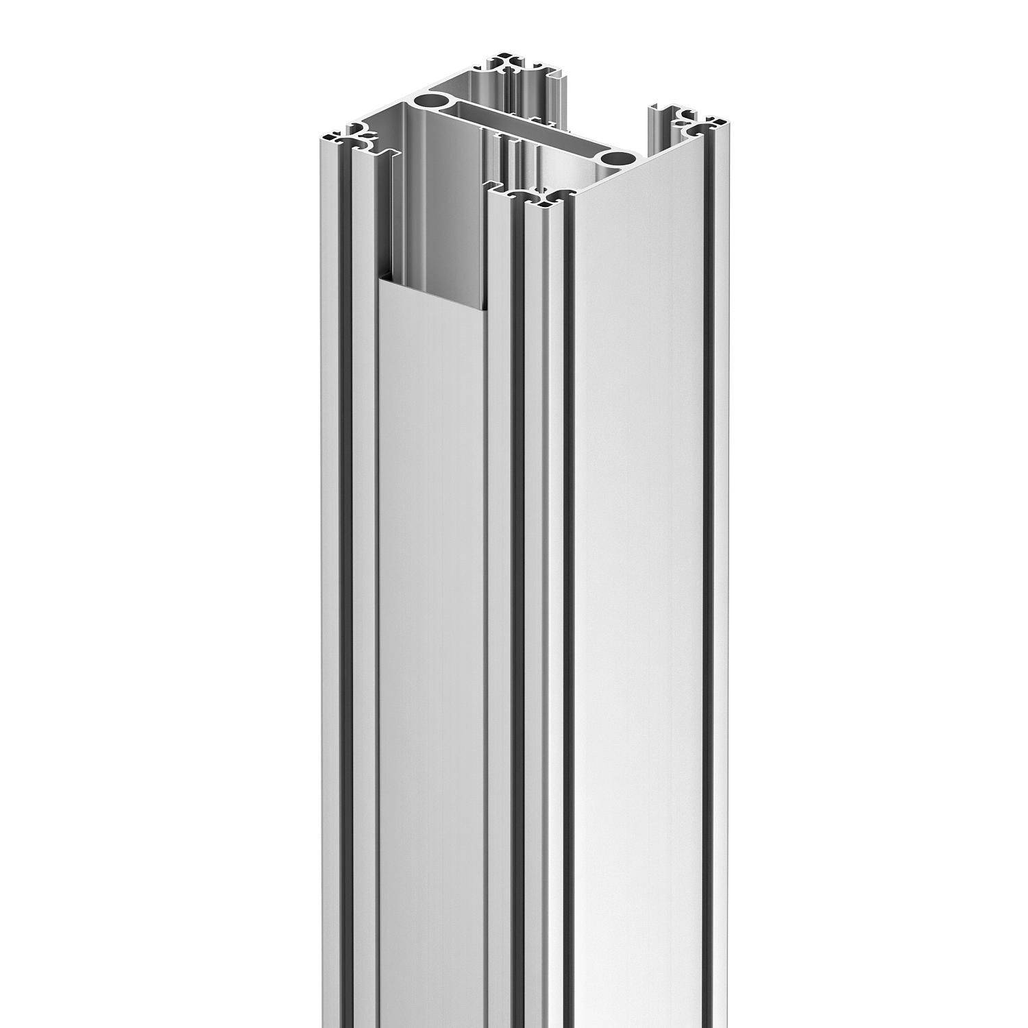 Een zilver aluminiumprofiel met meerdere rails en een rechthoekige doorsnede, veelal gebruikt in machinebouw en constructie.