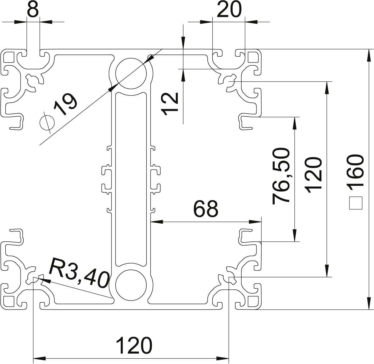 Technische tekening van een aluminiumprofiel met afmetingen: breedte 120 mm, hoogte 160 mm. Overige afmetingen en stralen zijn gespecificeerd.