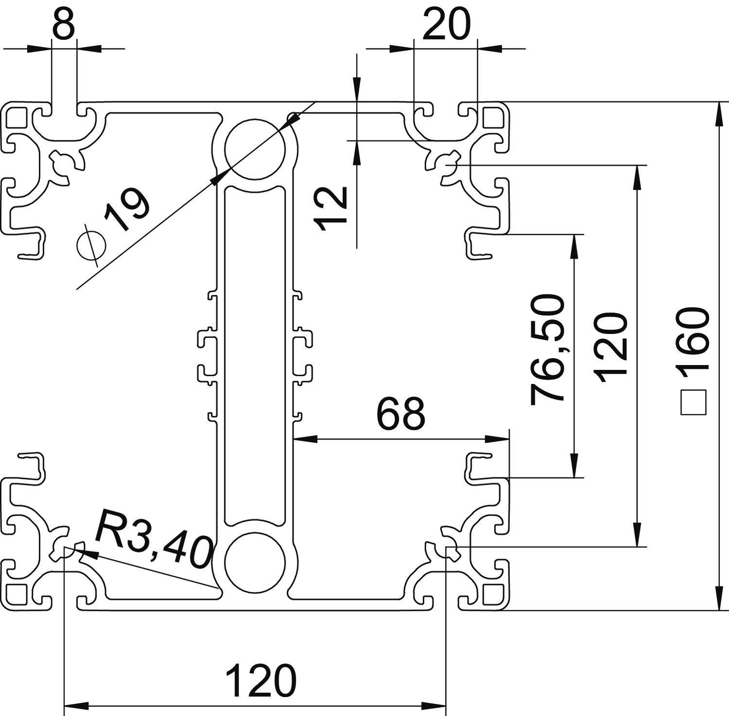 Technische tekening van een aluminium profieldoorsnede met nauwkeurige afmetingen in millimeters, inclusief radii en lengteaanduidingen.