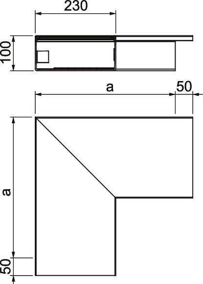 Technische tekening van een L-vormig profiel met afmetingen: 230x100 bovenaan, lengte en breedte 'a', verticaal gedeelte 50 breed.