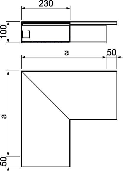 Technische tekening van een L-vormig profiel. Bovenaan: Doorsnede met afmetingen 230x100 mm. Onderaan: Bovenaanzicht met zijdelengtes a, 50 mm.