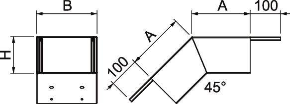 Technische tekening van een profiel met hoeken en afmetingen: Hoogte 'H', Breedte 'B', twee lengtes 'A' van 100 mm, en een hoek van 45°.