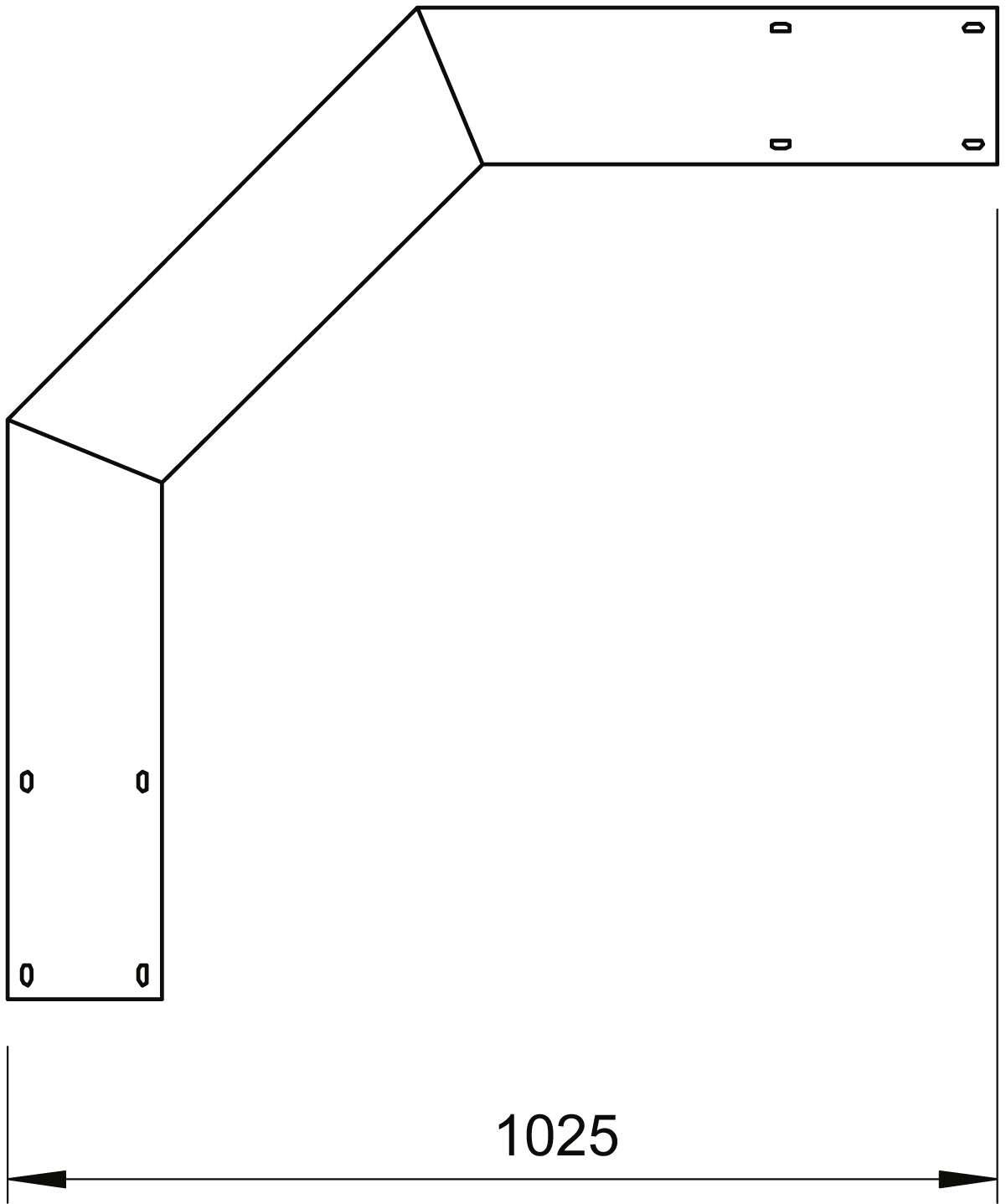 Tekening van een hoekprofiel met drie rechte segmenten, twee hoekverbindingen en boorgaten. Totale lengte volgens maatvoering: 1025 mm.