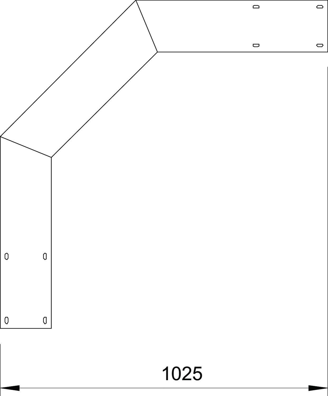 Structuurtekening: Hoekprofiel met afmeting 1025 mm. Rechthoekige vorm met randen en gaten voor bevestiging.