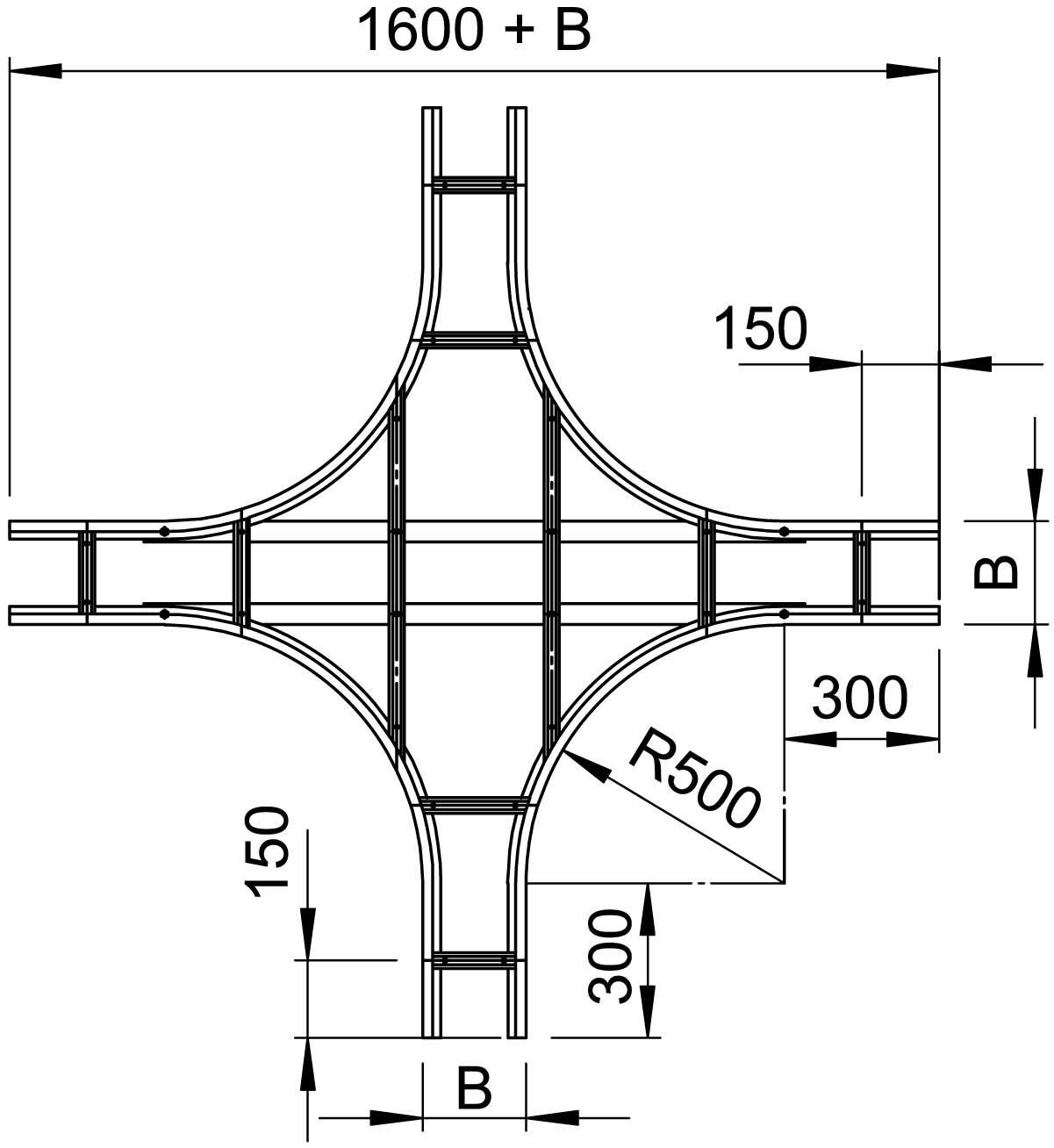 Technische tekening van een kruisstuk met maatvoering. Het toont buizen met stralen van 500, lengtematen van 1600 + B en toleranties van 150 en 300.