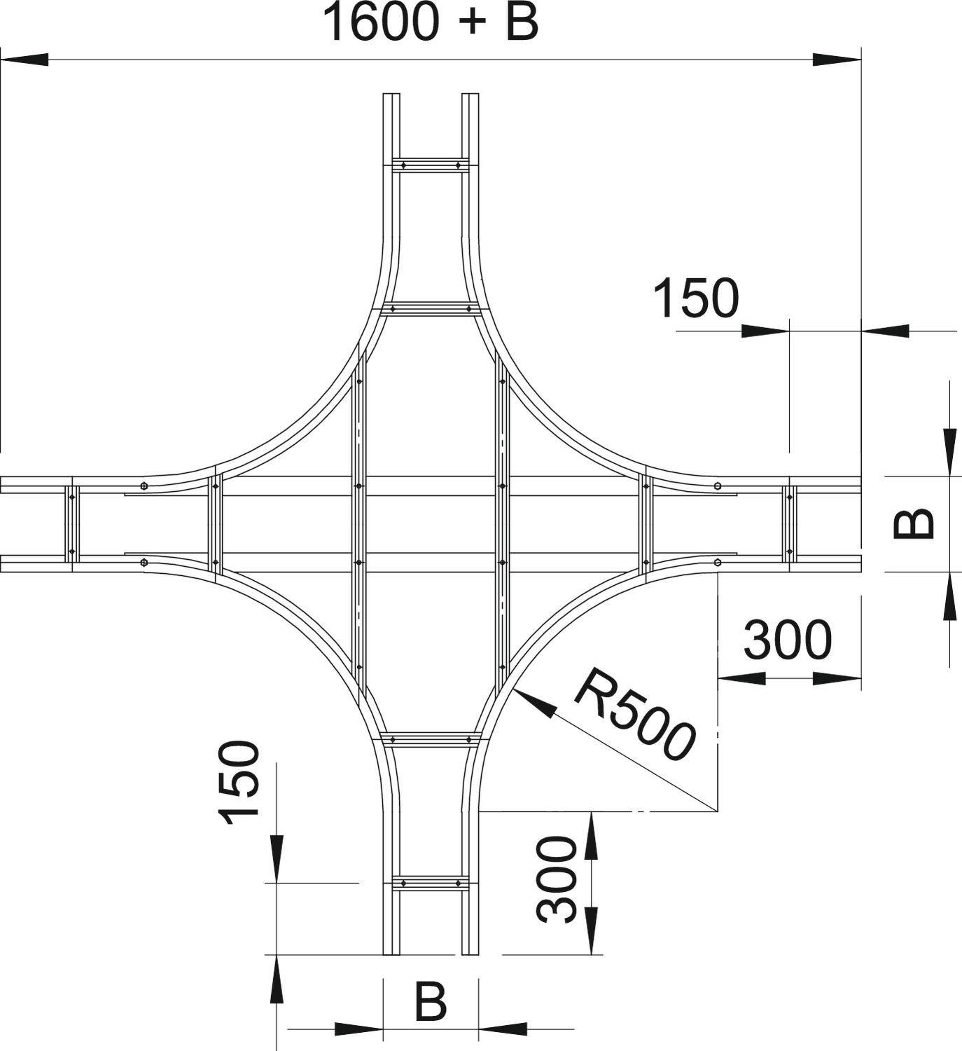 Technische tekening van een kruisstuk met afmetingen: 1600 + B breedte, 150 mm en 300 mm afstanden, R500 kromming.